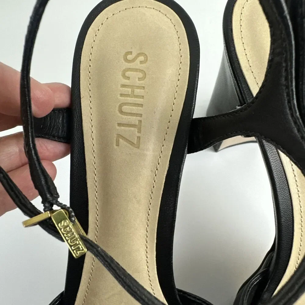 SCHUTZ Keffa Heel Sandal Black Leather Strappy Ankle Buckle High Block Heel 9